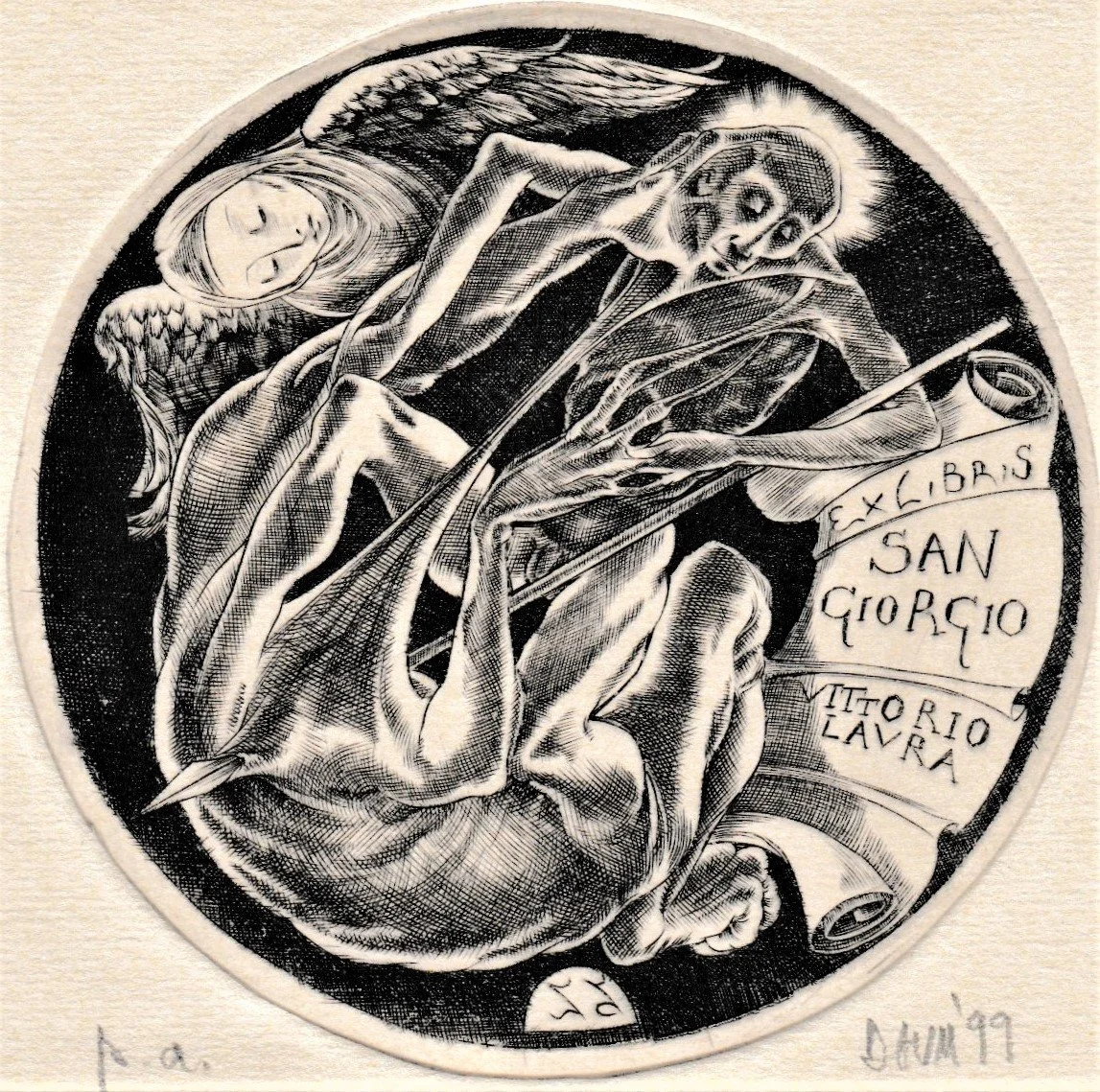 Ex Libris Vittorio Laura, 1999. Bulino su rame, mm 95