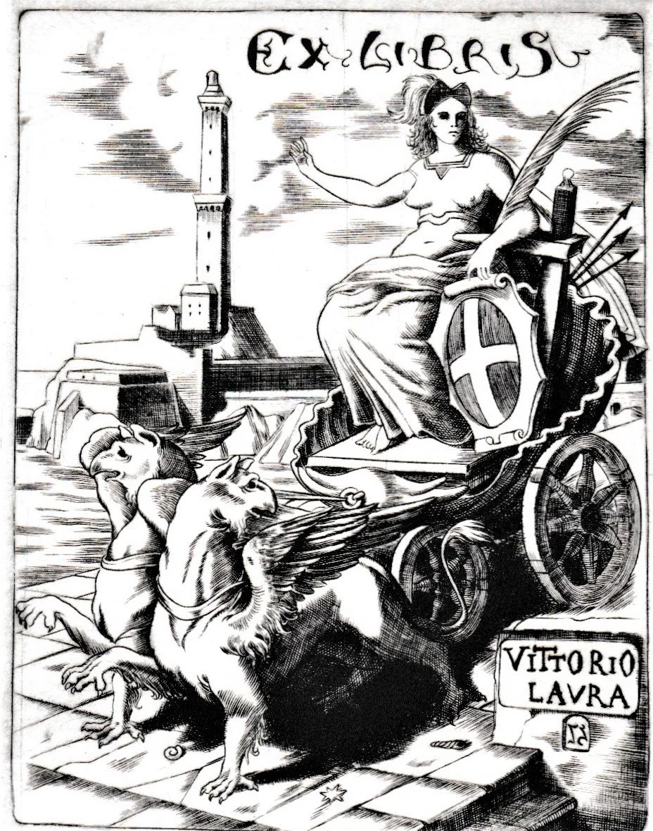 Ex Libris Vittorio Laura, 1996. Bulino su rame, mm 82x102