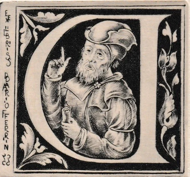 Ex Libris Dario Ferrin, 1993. Bulino su argento, mm 53x49