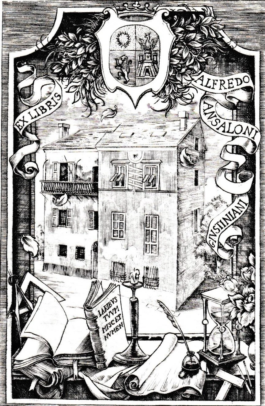 Ex Libris Alfredo Ansaloni Giustiniani, 2010. Bulino su rame, mm 79x119