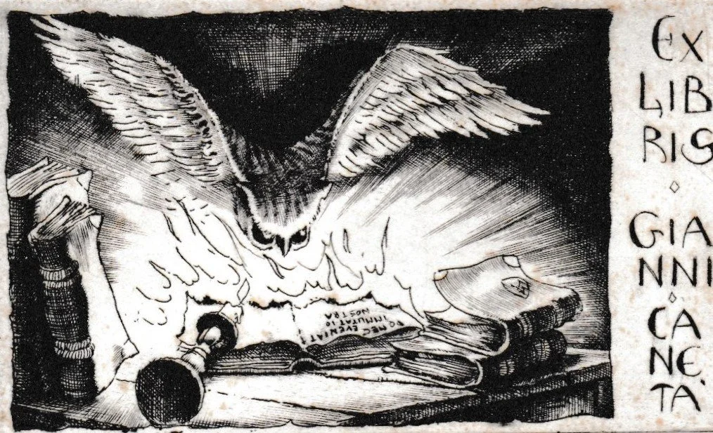 Ex Libris Gianni Canetà, 1994. Bulino su rame, mm 88x54