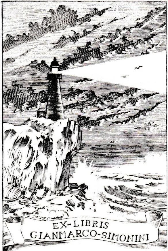 Ex Libris Gianmarco Simonini, 2010. Bulino su rame, mm 53x77