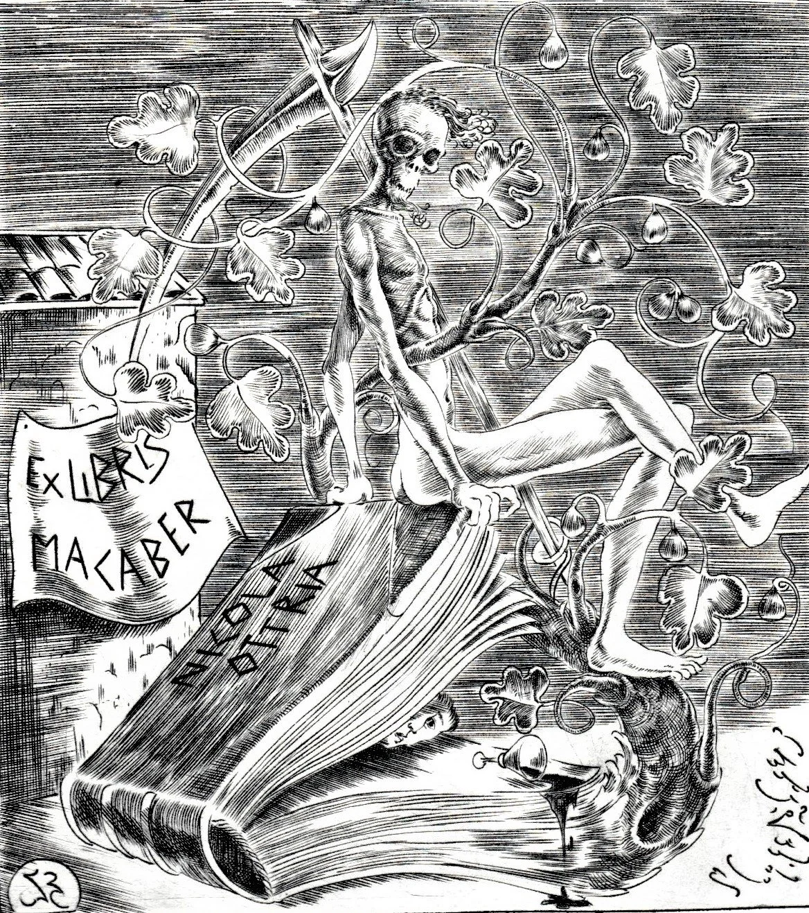 Ex Libris Nicola Ottria, 1993. Bulino su rame, mm 108x120