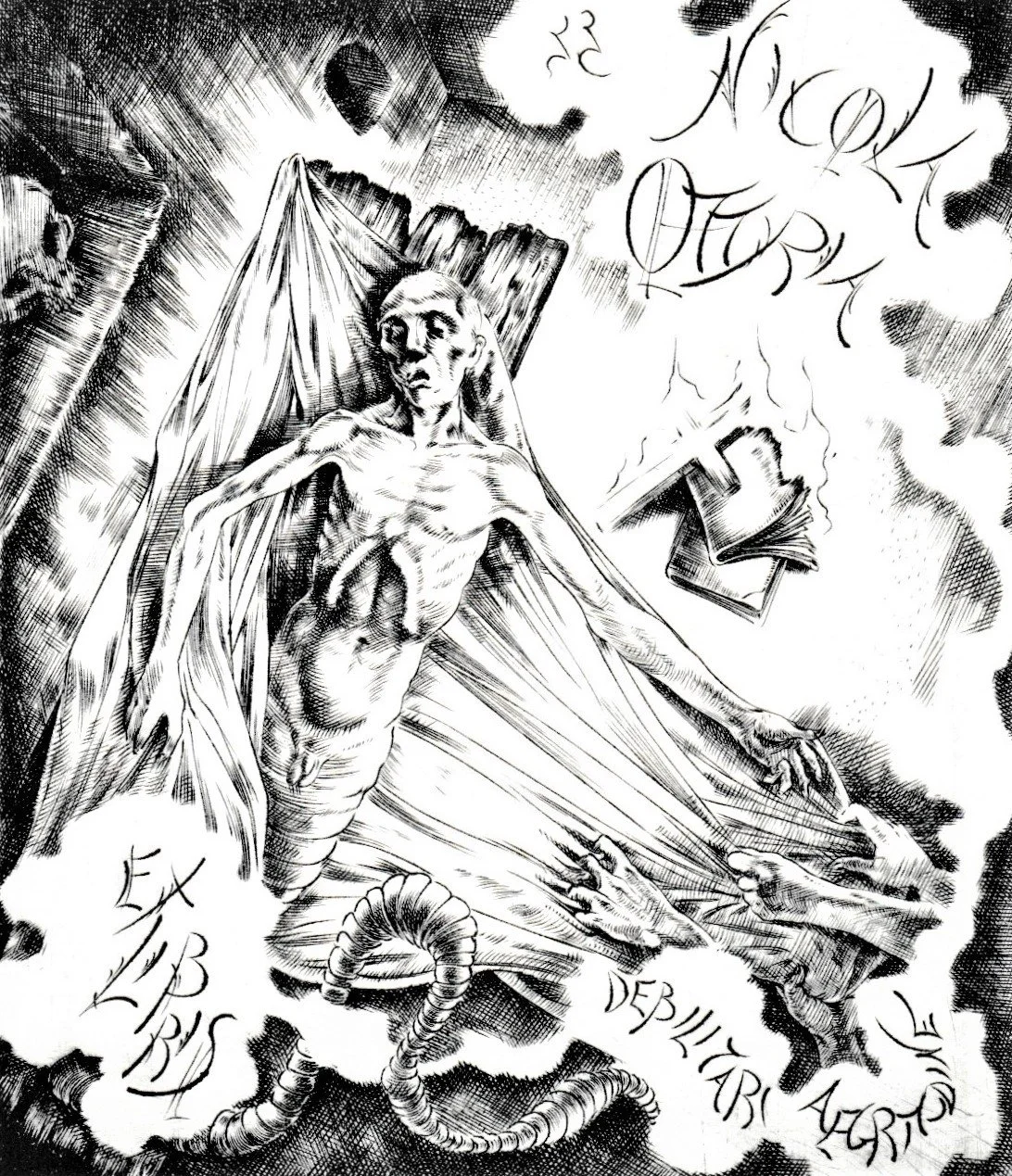 Ex Libris Nicola Ottria, 1993. Bulino su rame, mm 100x115