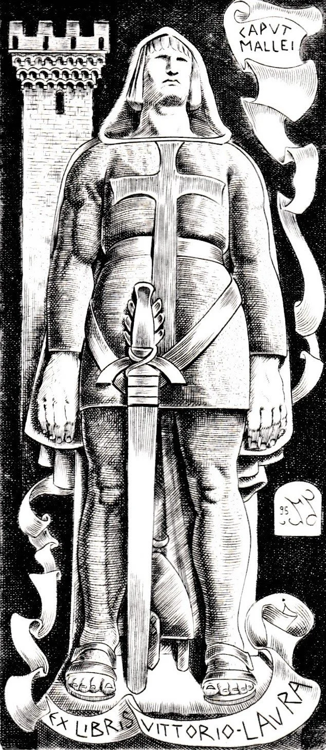 Ex Libris Vittorio Laura, 1996. Bulino su rame, mm 56x125