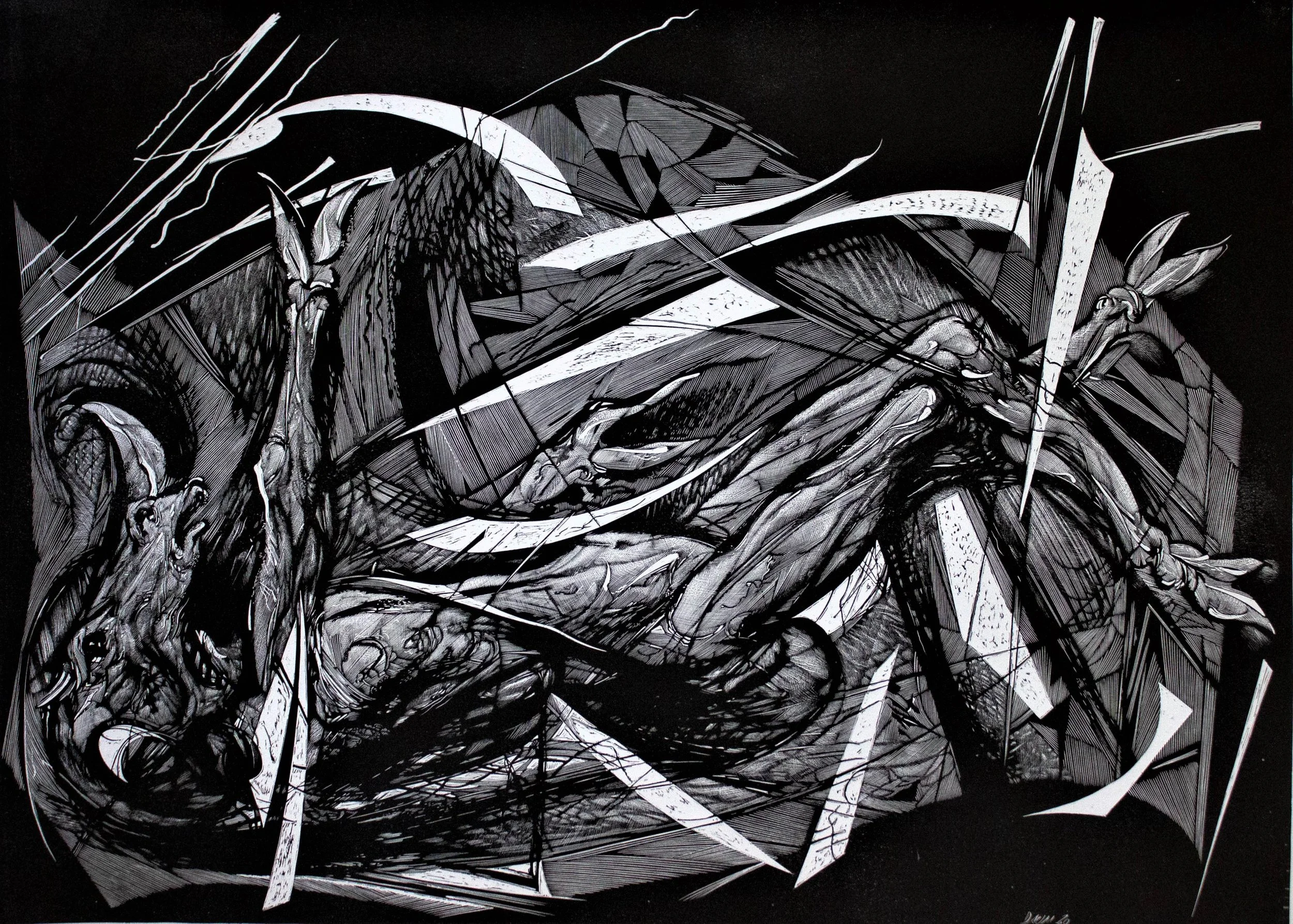 Occasus-Presagio del Minotauro, 2020. Bulino-Scrape Engravins a rilievo su policarbonato, mm 685x490