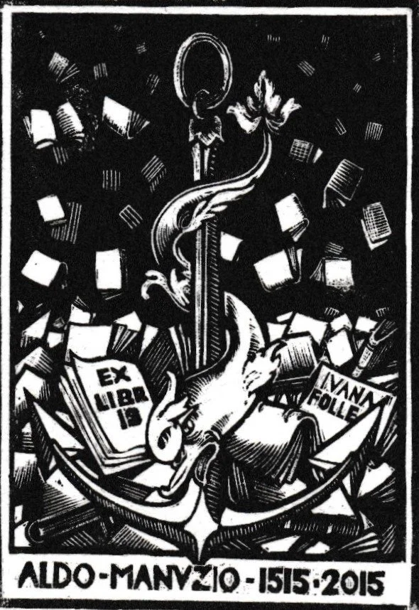 Ex Libris Aldo Manuzio, 2015. Xilografia su legno di testa, mm 51x72