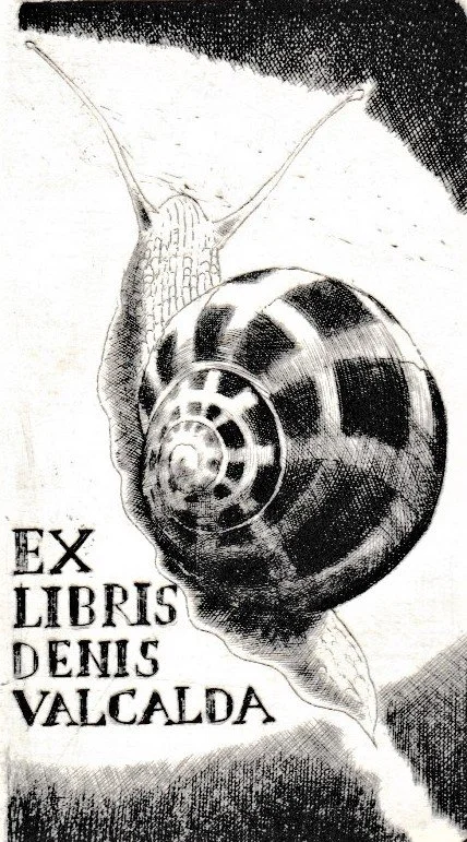 Ex Libris Denis Valcalda, 1997. Bulino su Rame, mm 39x71
