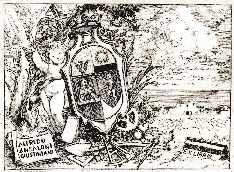 Ex Libris Alfredo Ansaloni Giustiniani, 2011. Acquaforte-bulino su rame