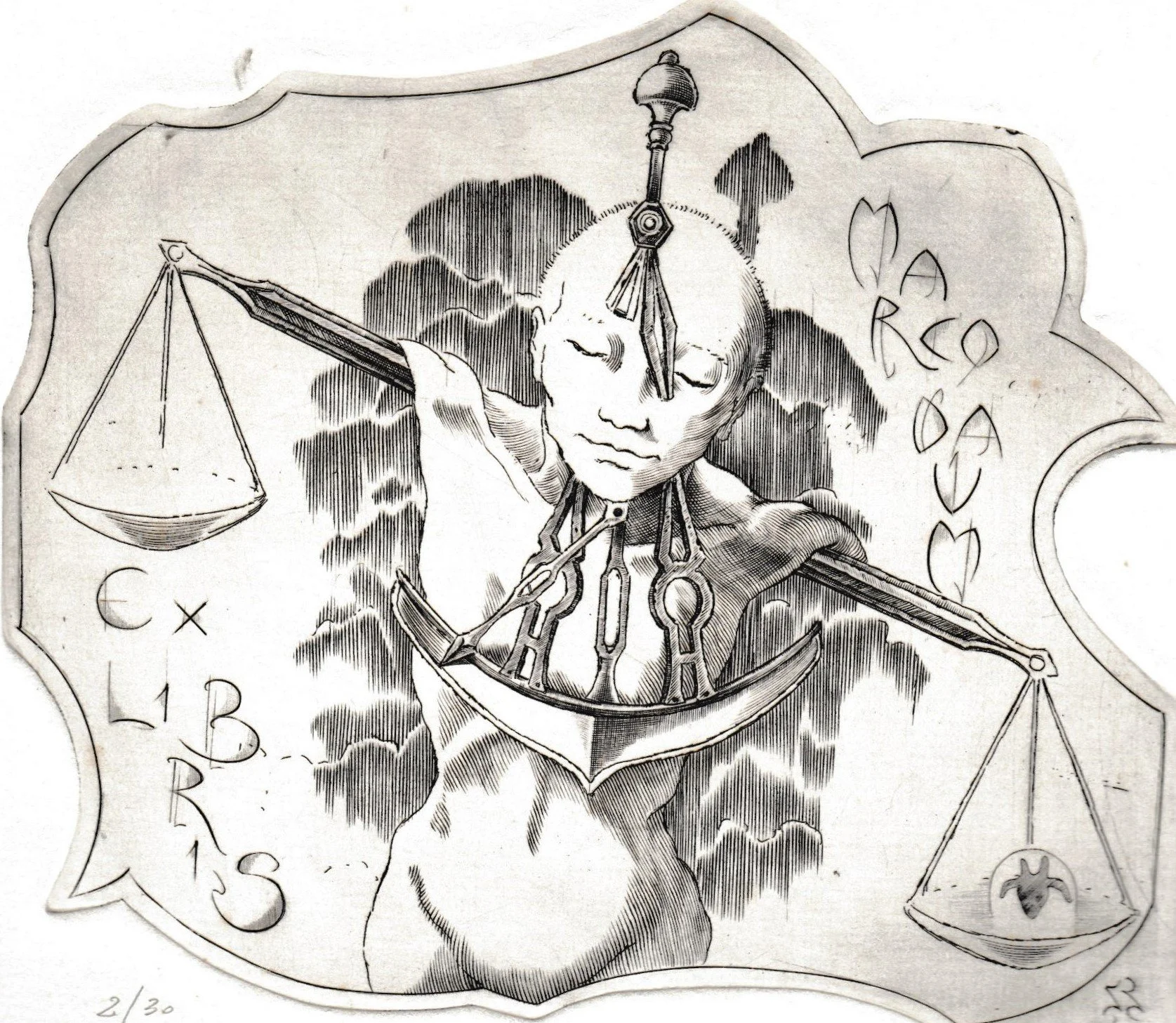 Ex Libris Marco Daum, 1994. Bulino su rame, mm 143x125