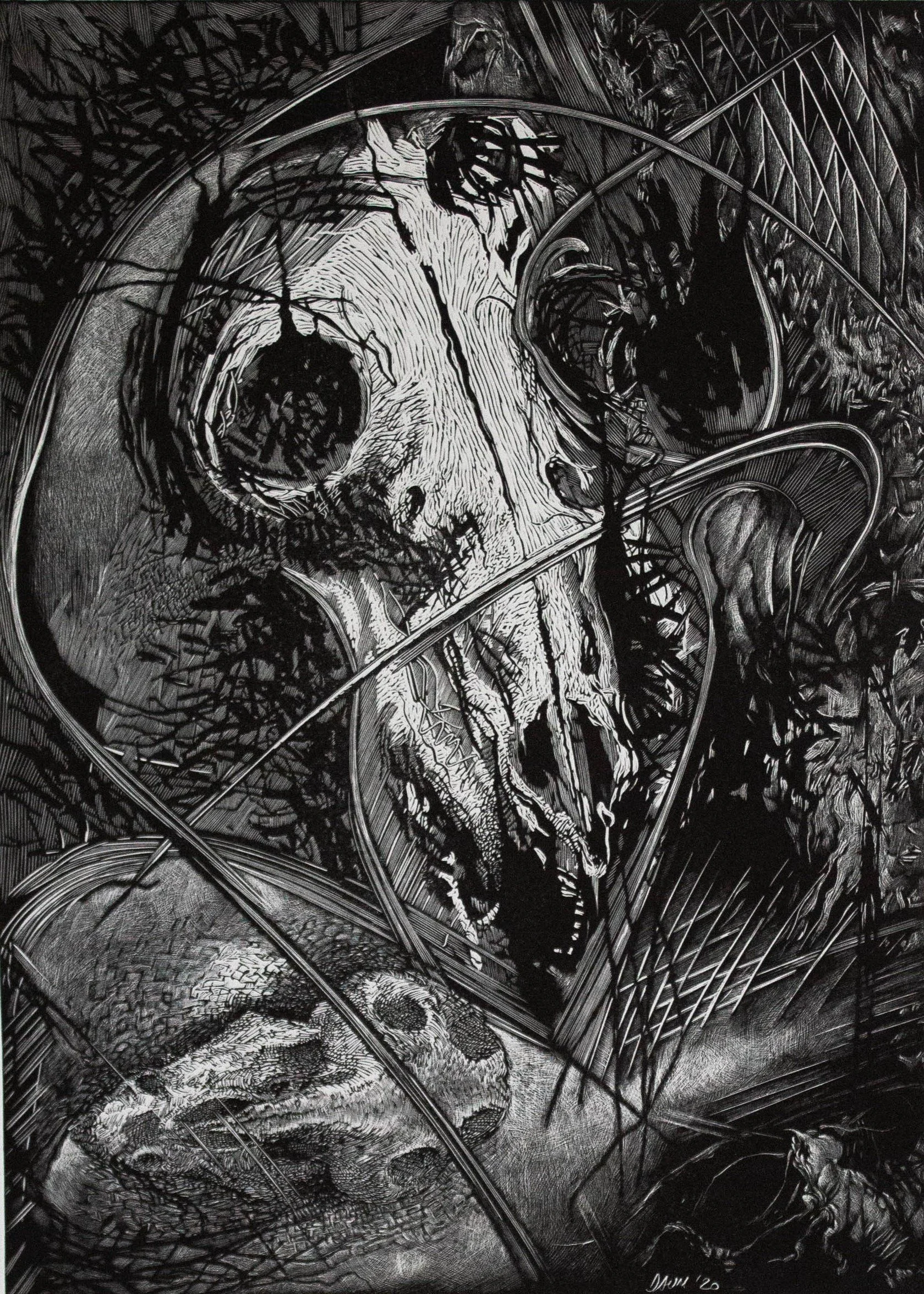 Occasus-Presagio II del Minotauro, 2020. Bulino-Scrape Engraving a rilievo su policarbonato, mm 295x408