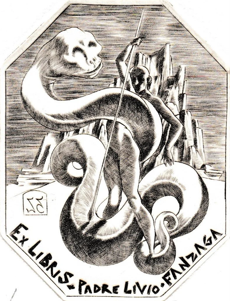 Ex Libris Padre Livio Fanzaga, 2000. Bulino su rame, mm 67x89