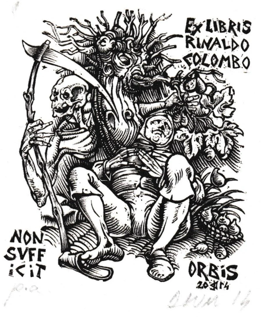 Ex Libris Rinaldo Colombo, 2012. Xilografia su legno di testa, mm 70x80