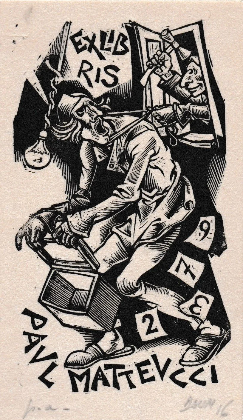 Ex Libris Paul Matteucci, 2016. Xilografia su legno di testa.