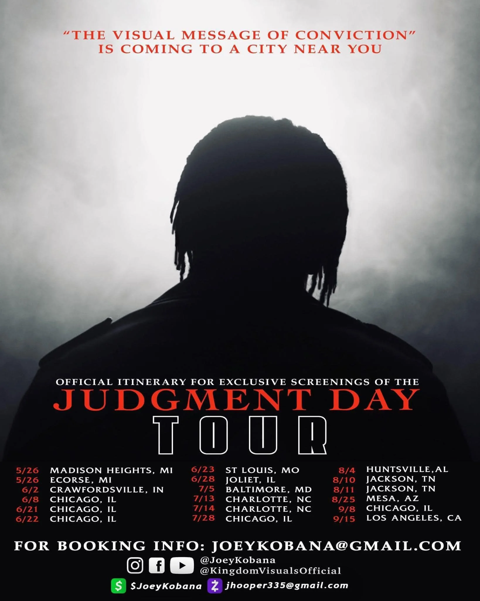Poster for the "Judgment Day Tour" featuring a silhouetted figure against a light background. Text includes tour dates and locations from May to September in various U.S. cities. Contact details and social media handles are provided at the bottom.