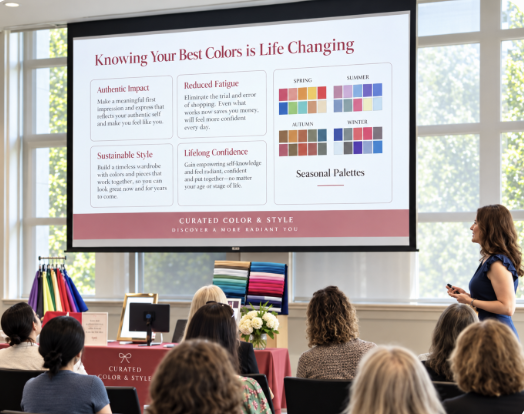 A woman giving a presentation in a conference room, visible through an ornate gold picture frame. The presentation slide on the screen titled 'Knowing Your Best Colors is Life Changing' features color palettes and text about color impact, fatigue reduction, style, and confidence, with a small section labeled 'Seasonal Palettes'.