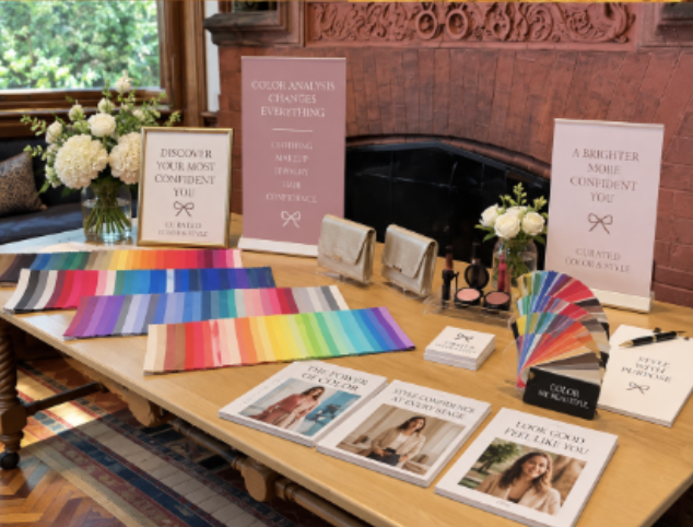 A wooden table with colorful fabric swatches, pamphlets, brochures, and paint samples. Behind the table is a brick wall fireplace and a window showing green trees outside. The table is in a richly decorated room with a gold ornate frame border.