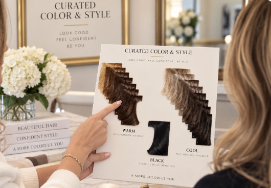 Chart showing different hair color shades grouped as warm, cool, black, and others with numbered categories for each group.