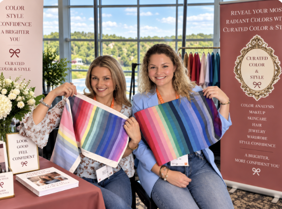 Two women sitting indoors, each holding a colorful, striped fabric swatch, smiling at the camera. Behind them is a large window showing a view of trees and the sky, with a promotional banner to their right that reads 'Curated Color & Style' and offers advice on wardrobe and style.