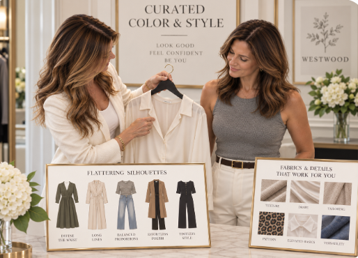 Clothing rack with jackets and sweaters, a beige hat hanging on the side, and tan high heels on a white furry rug on a concrete floor