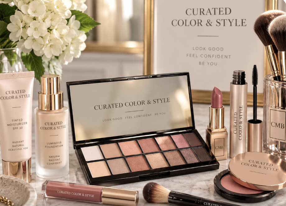 A makeup eyeshadow palette with pink, purple, and neutral shades, mirror open, surrounded by various makeup brushes on a soft surface.