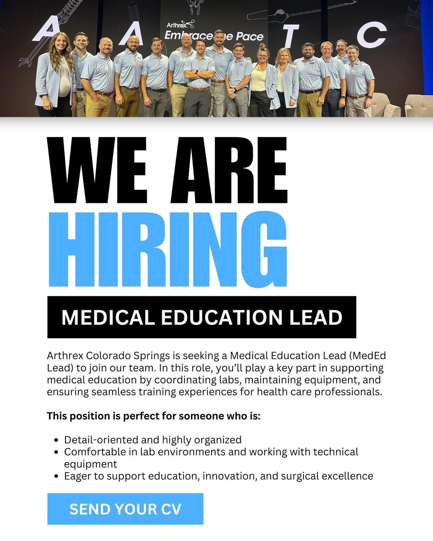 Arthrex Colorado Springs is seeking a Medical Education Lead (MedEd Lead) to join our team. In this role, you’ll play a key part in supporting medical education by coordinating labs, maintaining equipment, and ensuring seamless training experie