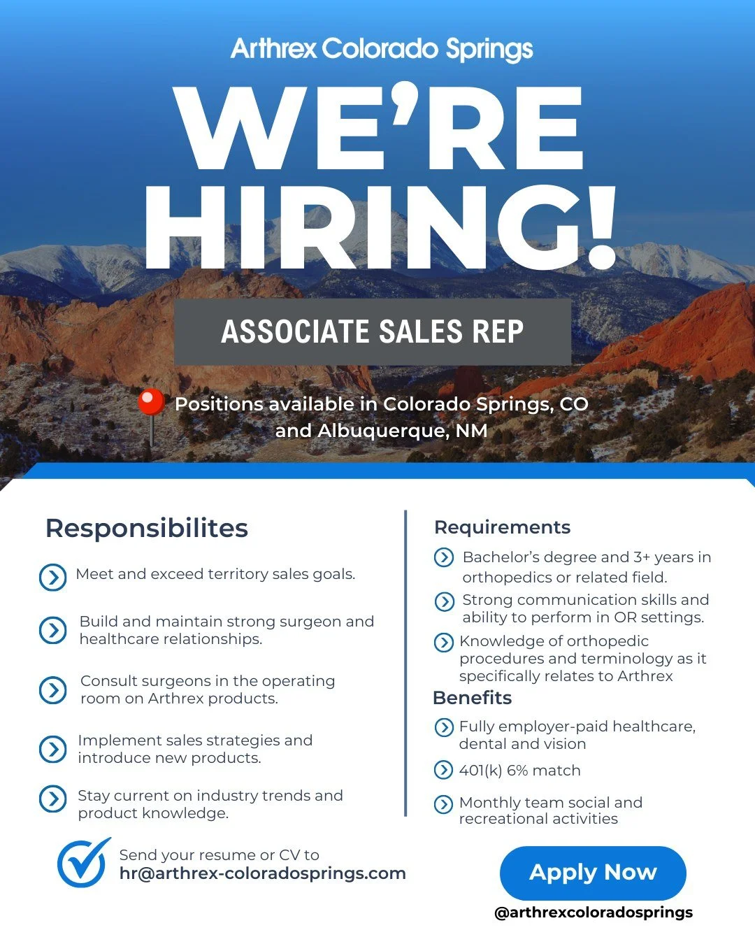 We’re Growing!
At Arthrex Colorado Springs, we’re passionate about education, collaboration, and advancing orthopedic care. Our team is made up of dedicated professionals who share a commitment to helping surgeons treat their patients b