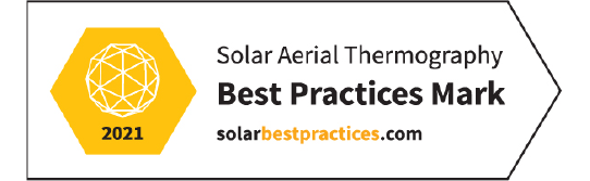 A badge indicating a Solar Aerial Thermography Best Practices Mark for 2021 from solarbestpractices.com, featuring an orange hexagon with a geometric design inside.