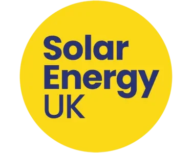 Yellow circle with blue text reading "Solar Energy UK".