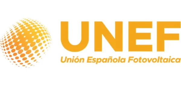 Logo of UNEF Unidad Española Fotovoltaica featuring a yellow sphere composed of dots and the text 'UNEF' in large orange letters with 'Unidad Española Fotovoltaica' underneath.