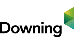 Downing logo with black text and a green, yellow, and blue geometric arrow shape.