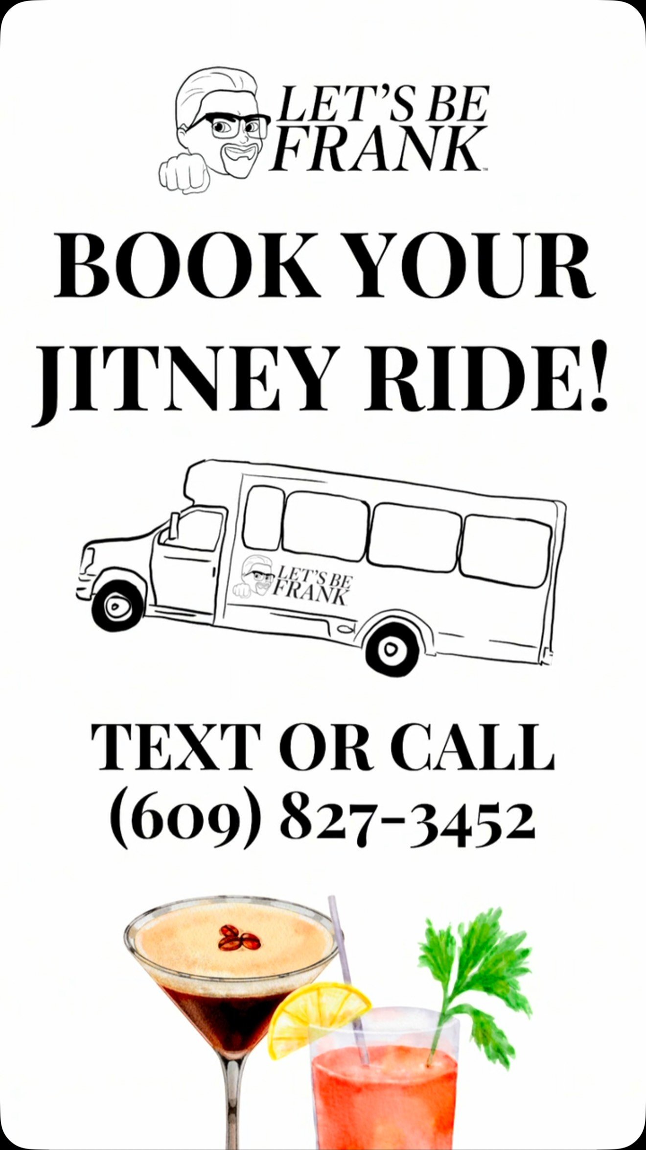 Save the stress - book a ride! π Avoid the hassle of finding a parking space and enjoy a night out. Mike or Jeff will give you a ride on the #LetsBeFrank Jitney!
Call or text 609.827.3452 for availability.
βοΈ Ask about our Bachelor/Bachelorette/