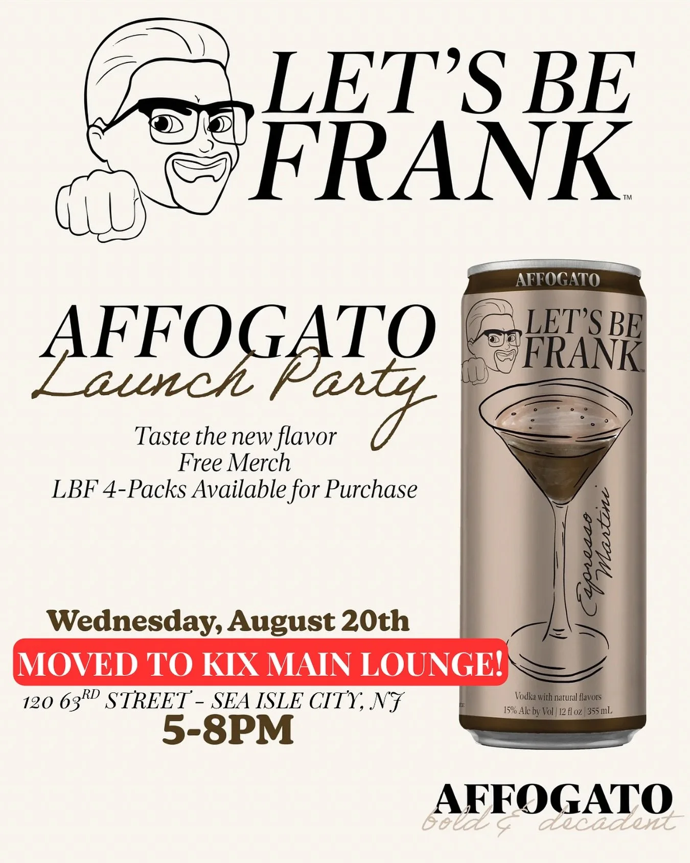 Cloudy with a chance of AFFOGATO 🍸🍦 Due to inclement weather, tonight&rsquo;s event will be moved inside to the Kix Main Lounge! Join us from 5PM-8PM with Don&rsquo;t Call Me Francis (@dcmfband) playing on the main stage!

Free samples &amp; merch 