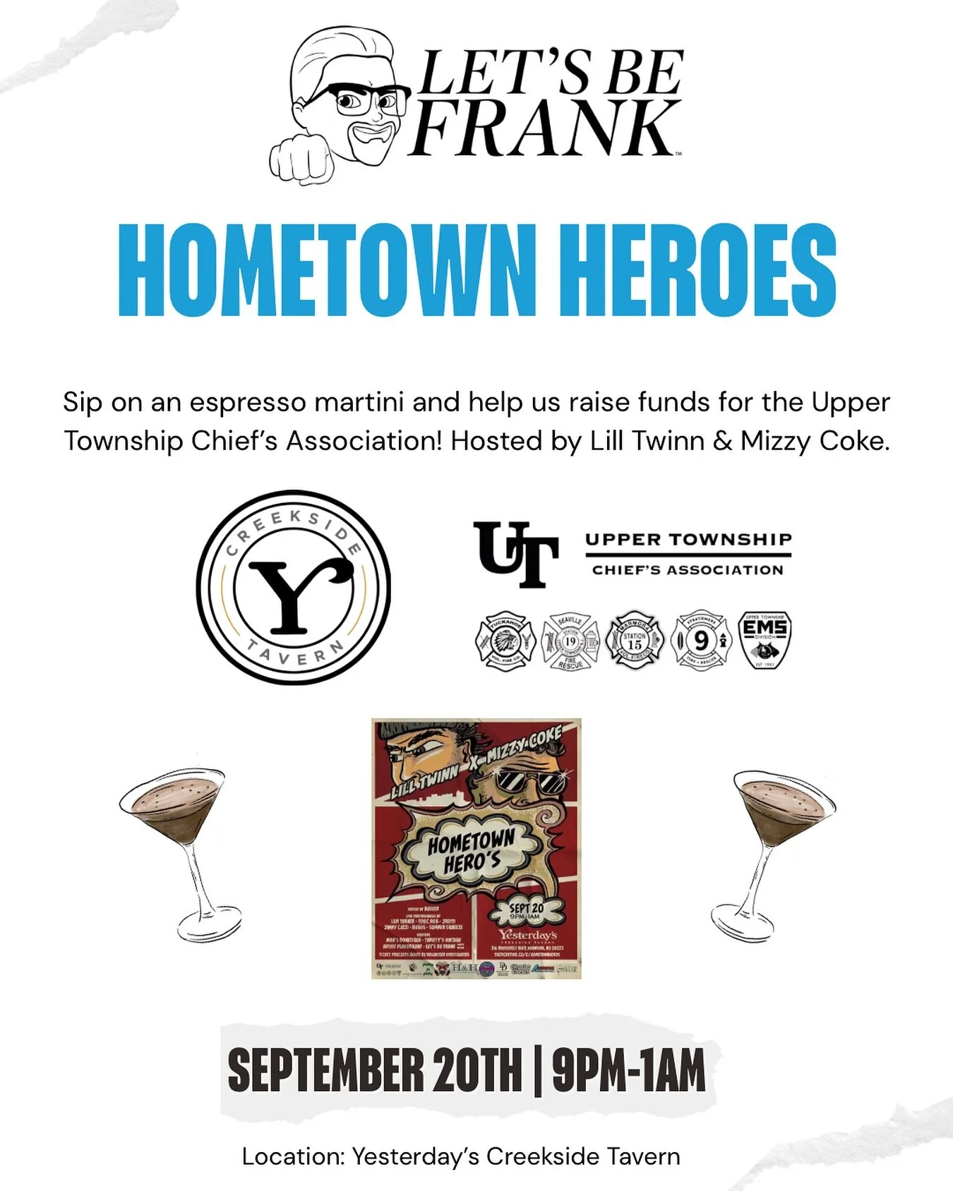 Honoring our heroes, our first responders, today and everyday β€οΈππΊπΈ
Please join us on Saturday, September 20th at Yesterday’s Creekside Tavern as we raise funds to support the Upper Township Chief’s Association.
πΆ Hosted by Lill Twi