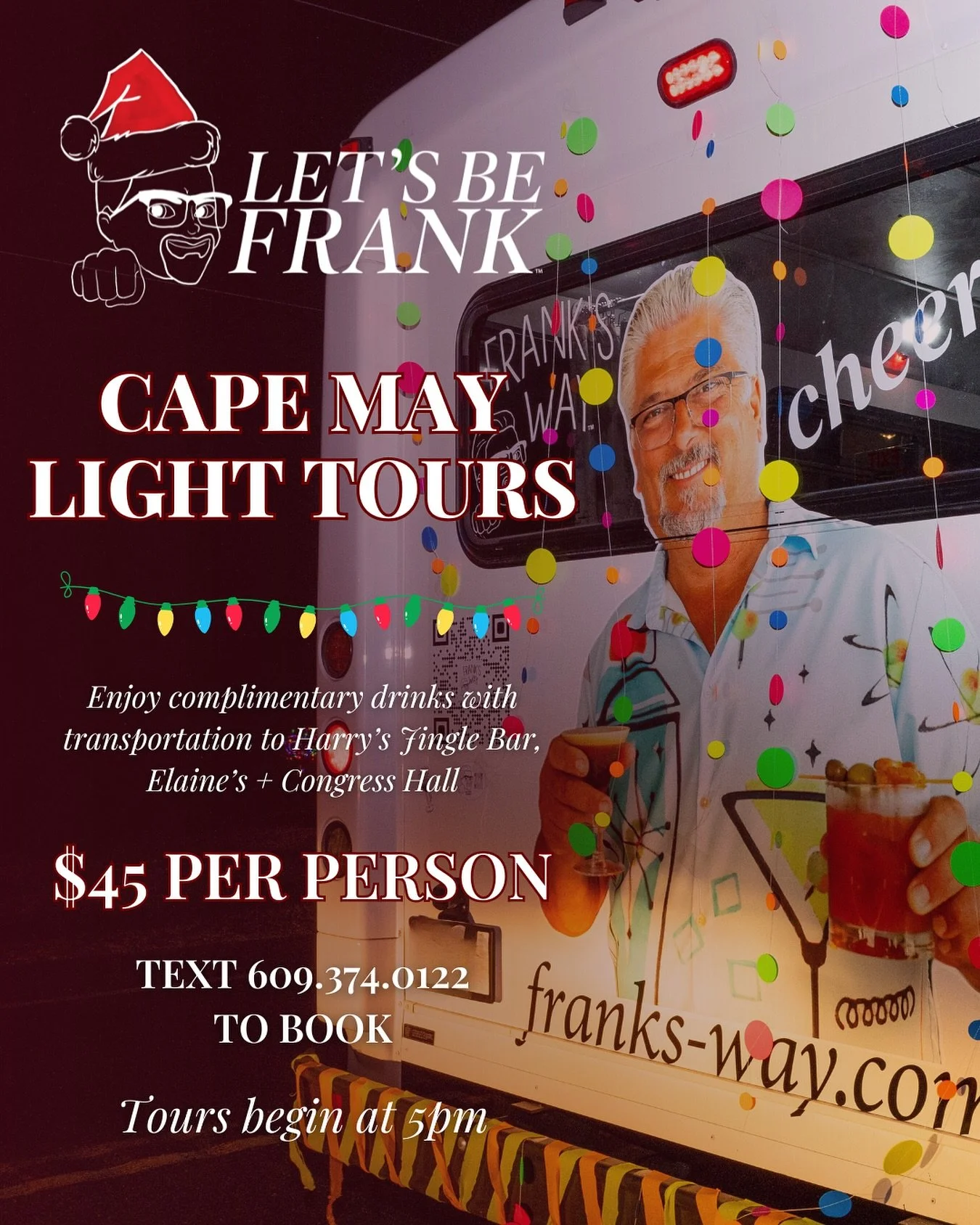 Cape May Light Tours are back! β¨ Hop on the Let’s Be Frank Jitney and enjoy complimentary drinks on board as we take you around town to all the best holiday pop up bars + destinations πΈ
π $45 per person with stops at:
- Elaine’s
- Cong