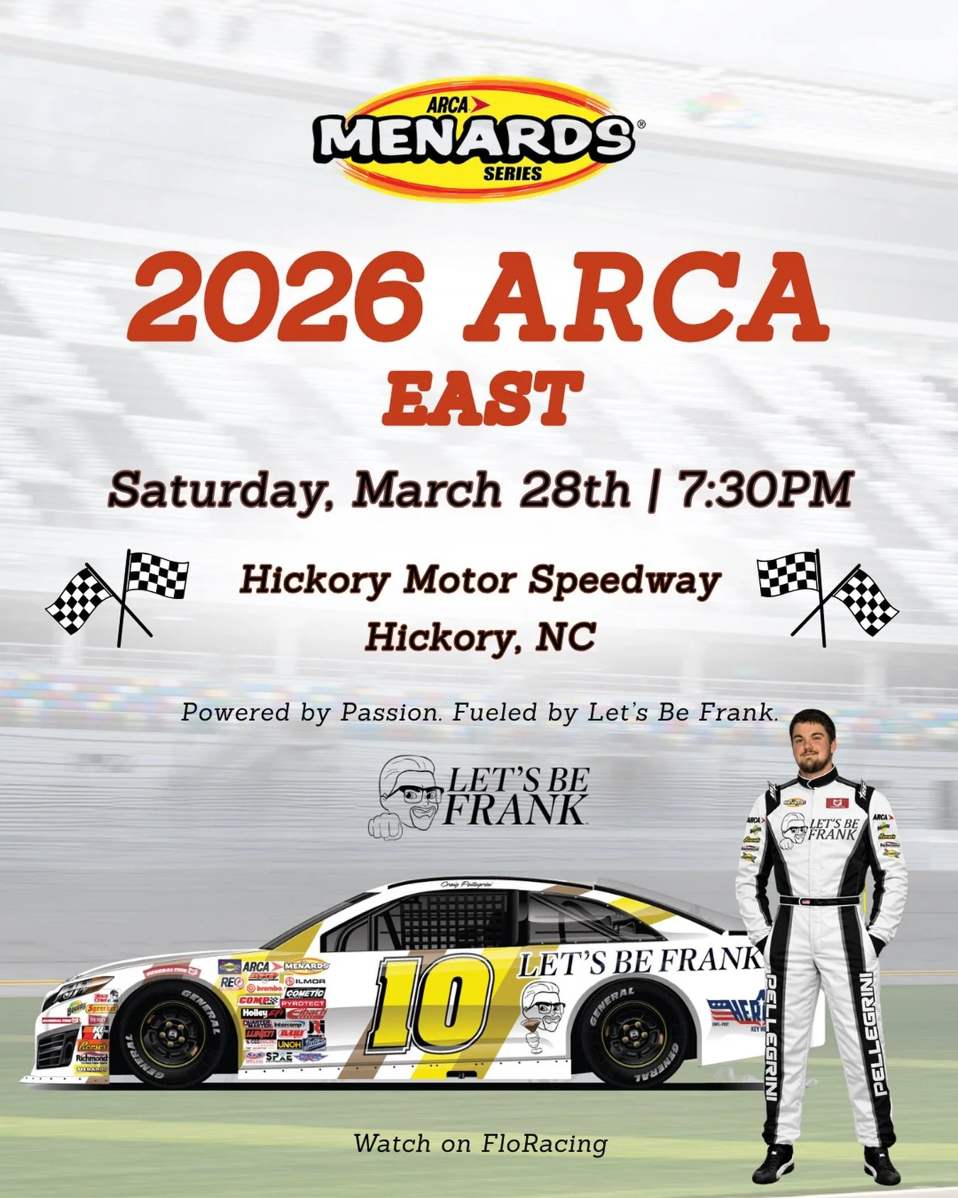 LET&rsquo;S GO TEAM PELLEGRINI! 🔥🏁 Catch Craig racing the #10 car in this Saturday&rsquo;s Menards ARCA 200 at Hickory Motor Speedway! 

The race kicks off at 7:30PM - catch it live on FloRacing! 

Link in bio to learn more about Craig and his jour