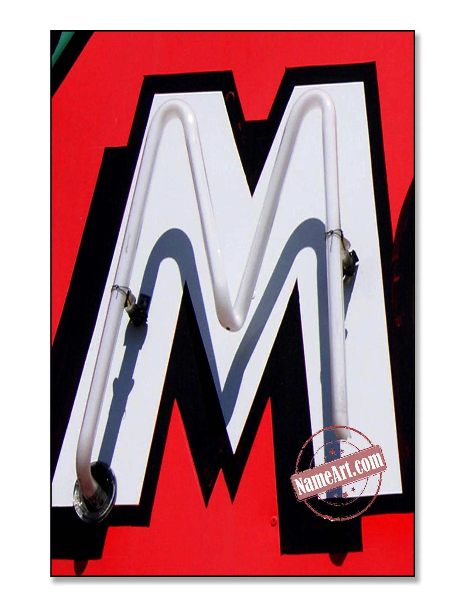 Neon sign shaped like the letter M with red background and a small logo at the bottom right that reads 'NameArt.com'.