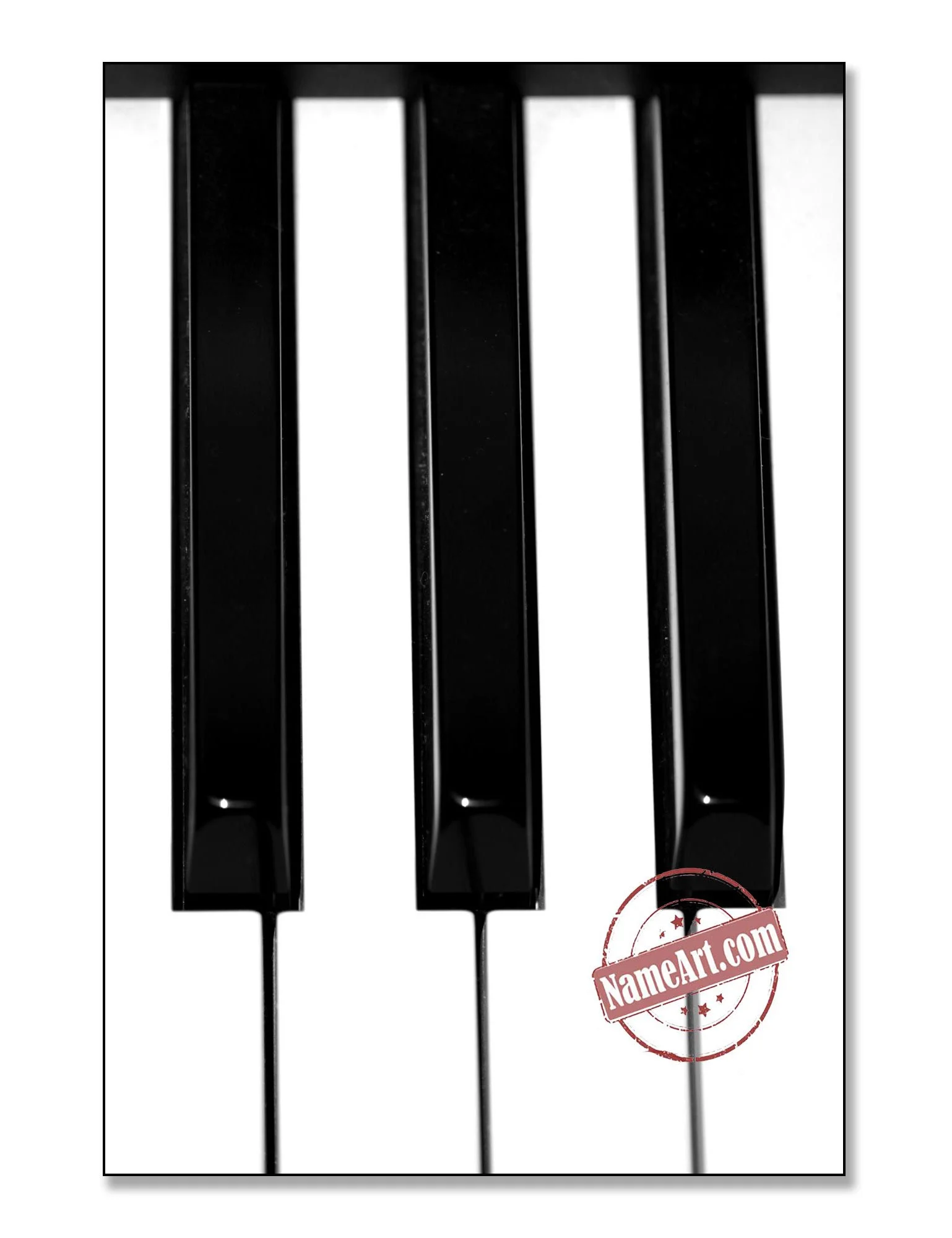 Close-up of a piano keyboard showing three black keys and two white keys with a watermark stamp that reads "NameArt.com" overlapping the lower right corner.