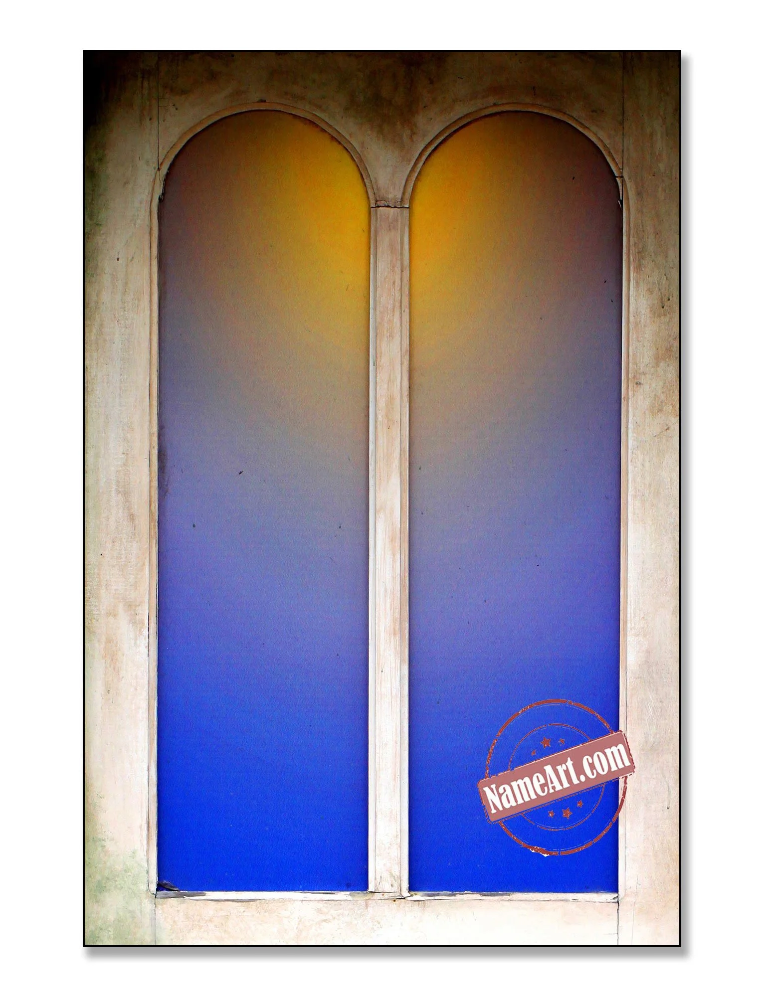 Colorful, rounded window with gradient shades of blue, purple, yellow, and orange.