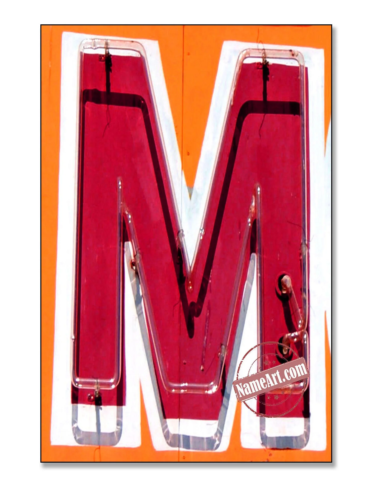 A large illuminated sign in the shape of the letter "W" with a red interior and a white outline, mounted on an orange background.
