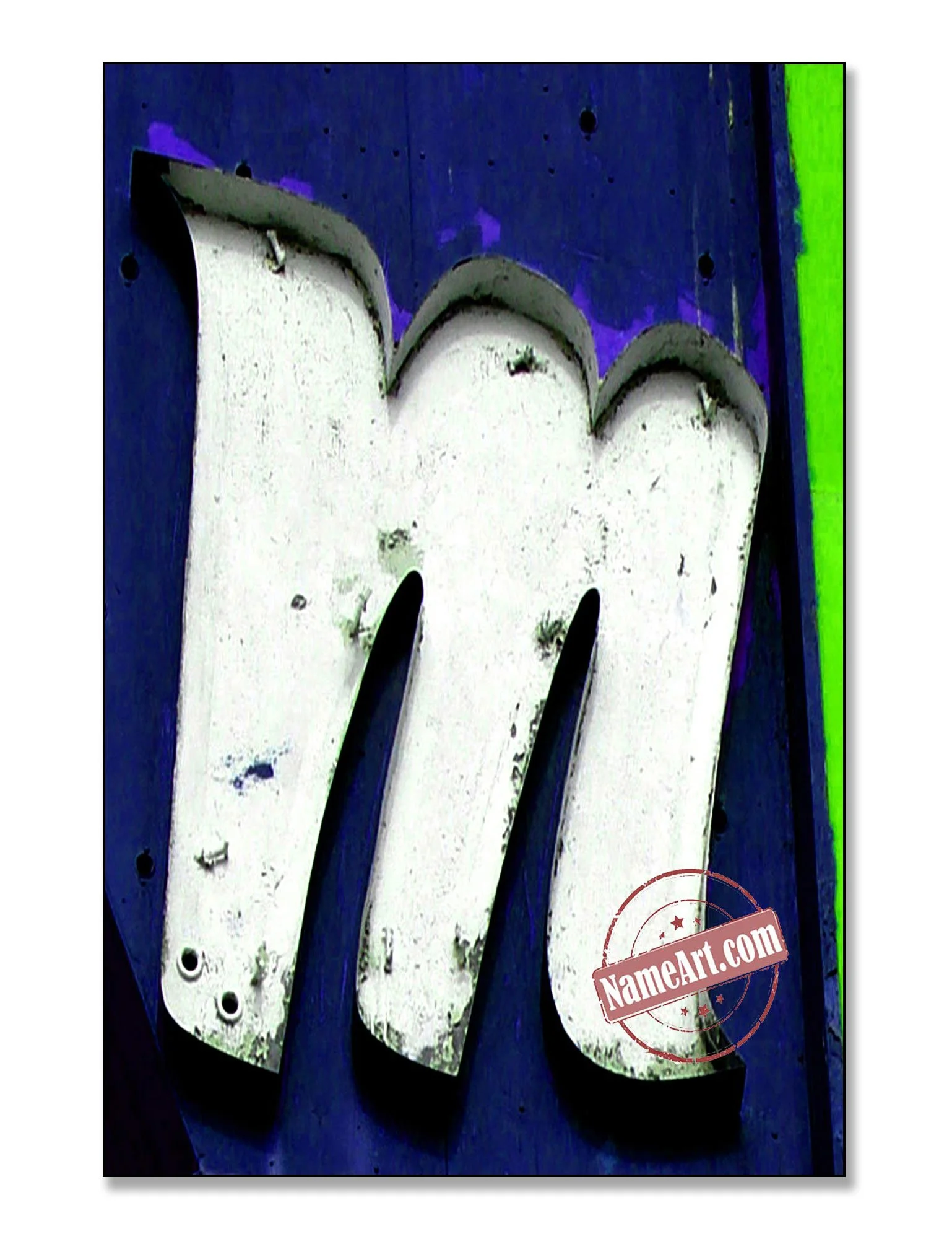 Close-up of a worn, vintage white neon sign letter W against a dark background with purple and green accents.