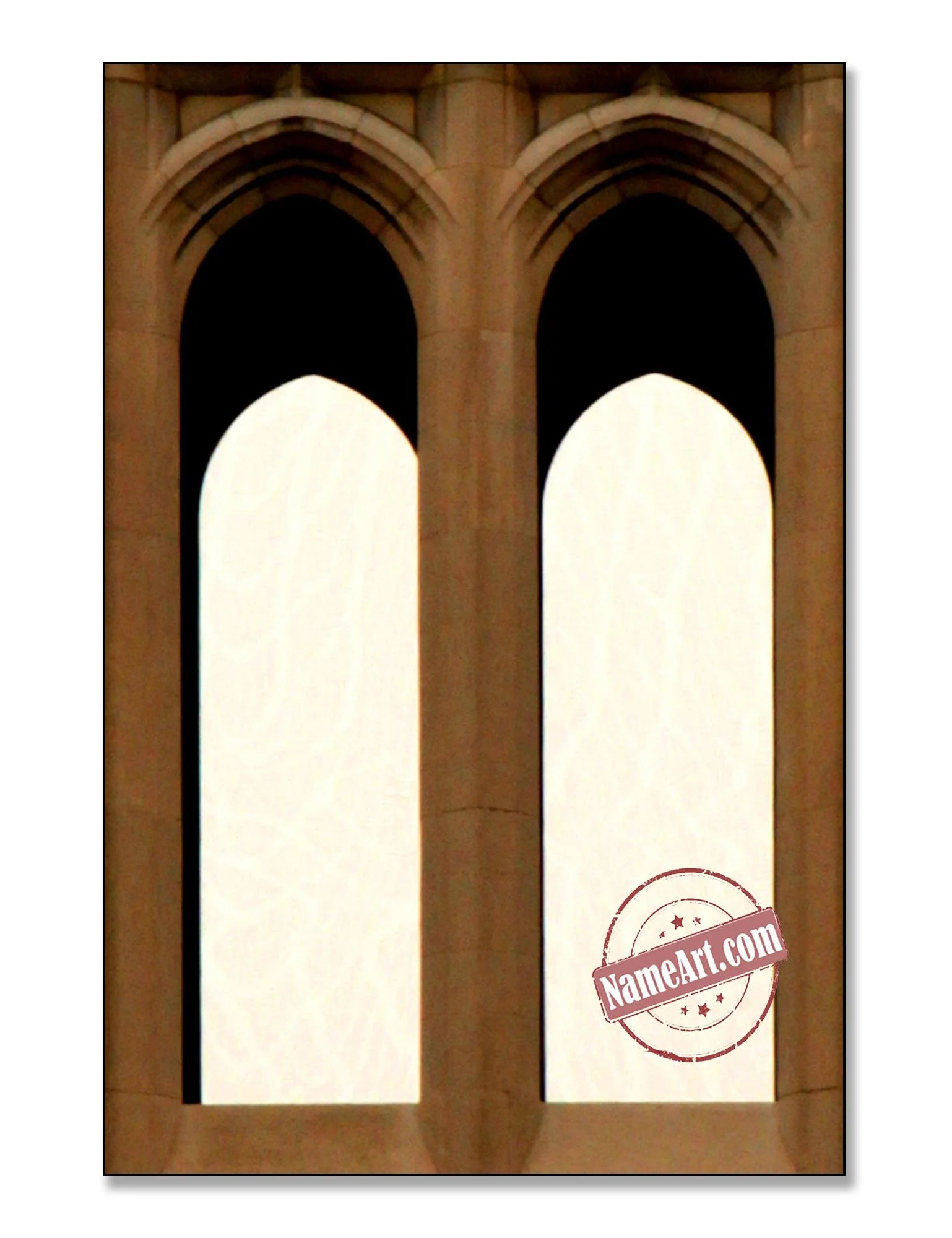 Large stained glass window with two arched panels, beige stone frame, and a watermarked logo that says 'NameArt.com' in the lower right corner.
