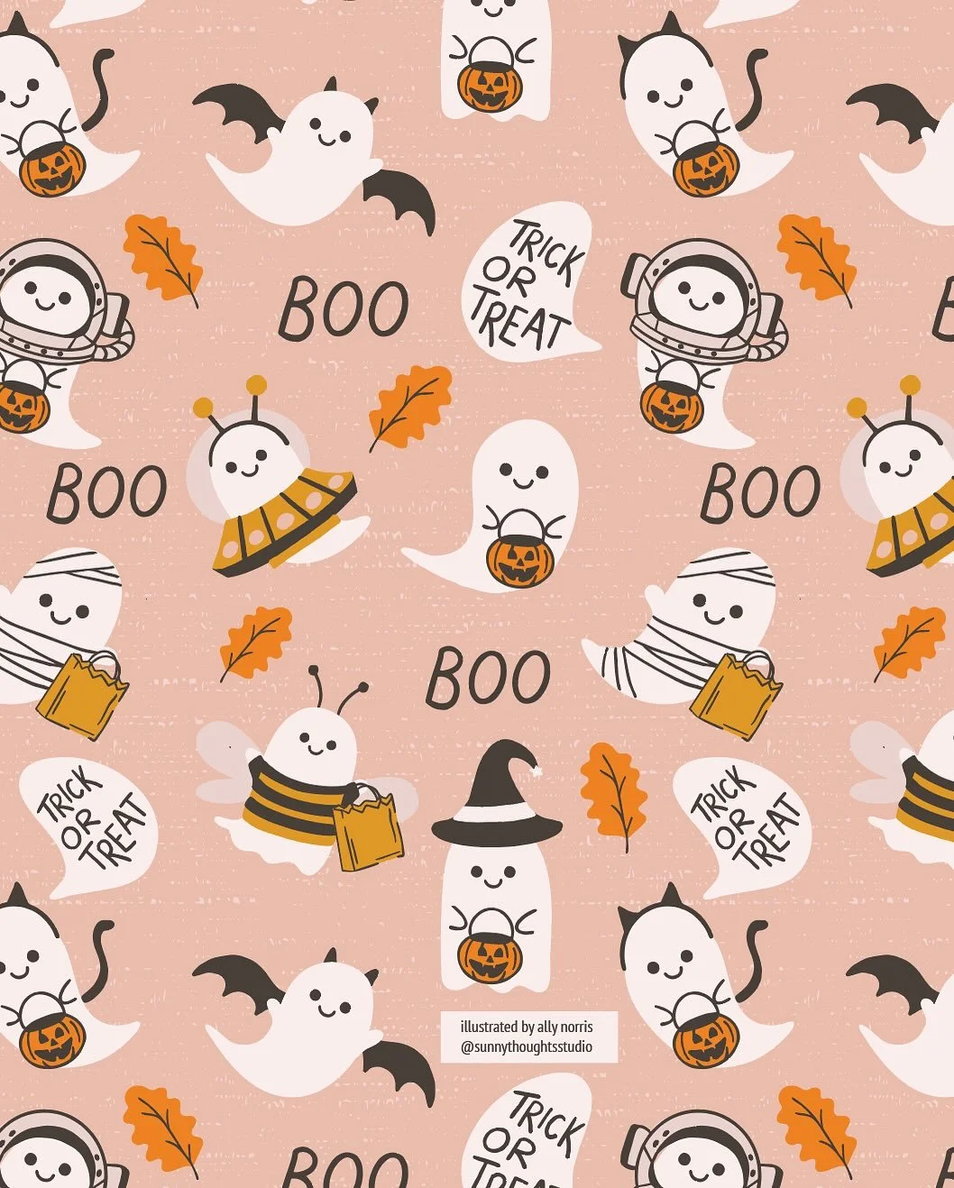 ghouls that trick or treat together stay together 🎀 

gal-o-ween art challenge hosts:
@chanellkristen 
@daniellechandlerdesign 
@lack.studio 
@lisabarlowillustrates 
@lizharrydesign 
@mollymariepea 

#galoweenartchallenge2025 #patterndesign #hallowe