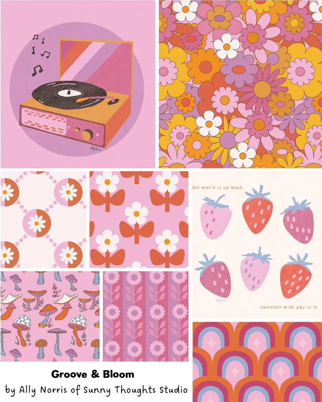 Groove &amp; Bloom, a collection with warm florals, bright retro vibes, and messages of positivity 🩷 If you're an art director looking for some cheery work, this collection is available to license! 

@tjxcareers #tjx @denydesigns @loomwell #retroart