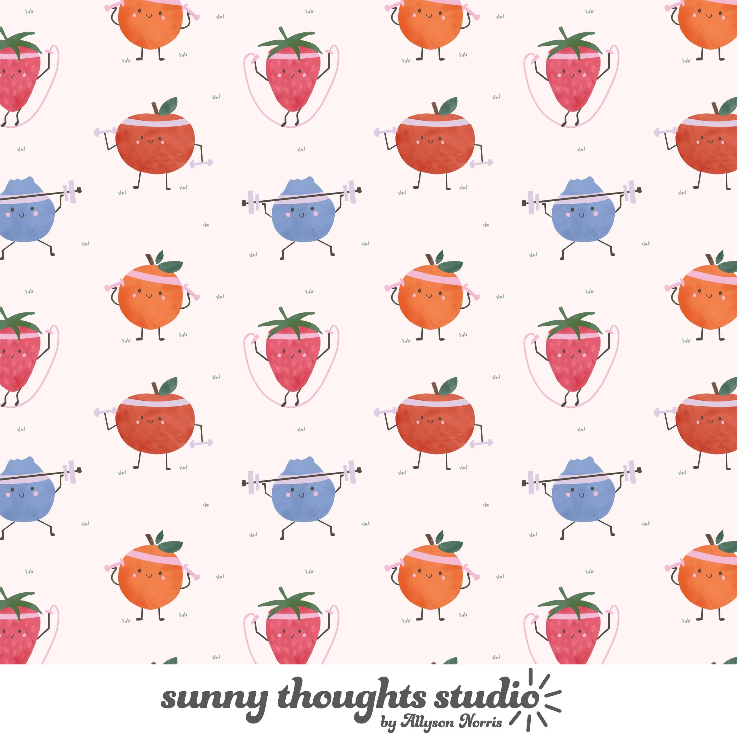 these fruits are berry strong and ready to hit the gym this weekend 🍎 pattern is brand new and available for licensing! I think these would look SO cute on a kids pj set or onesie ❤️

#artlicensing #fruitpattern #fruitart #kidsfruitart #fruits