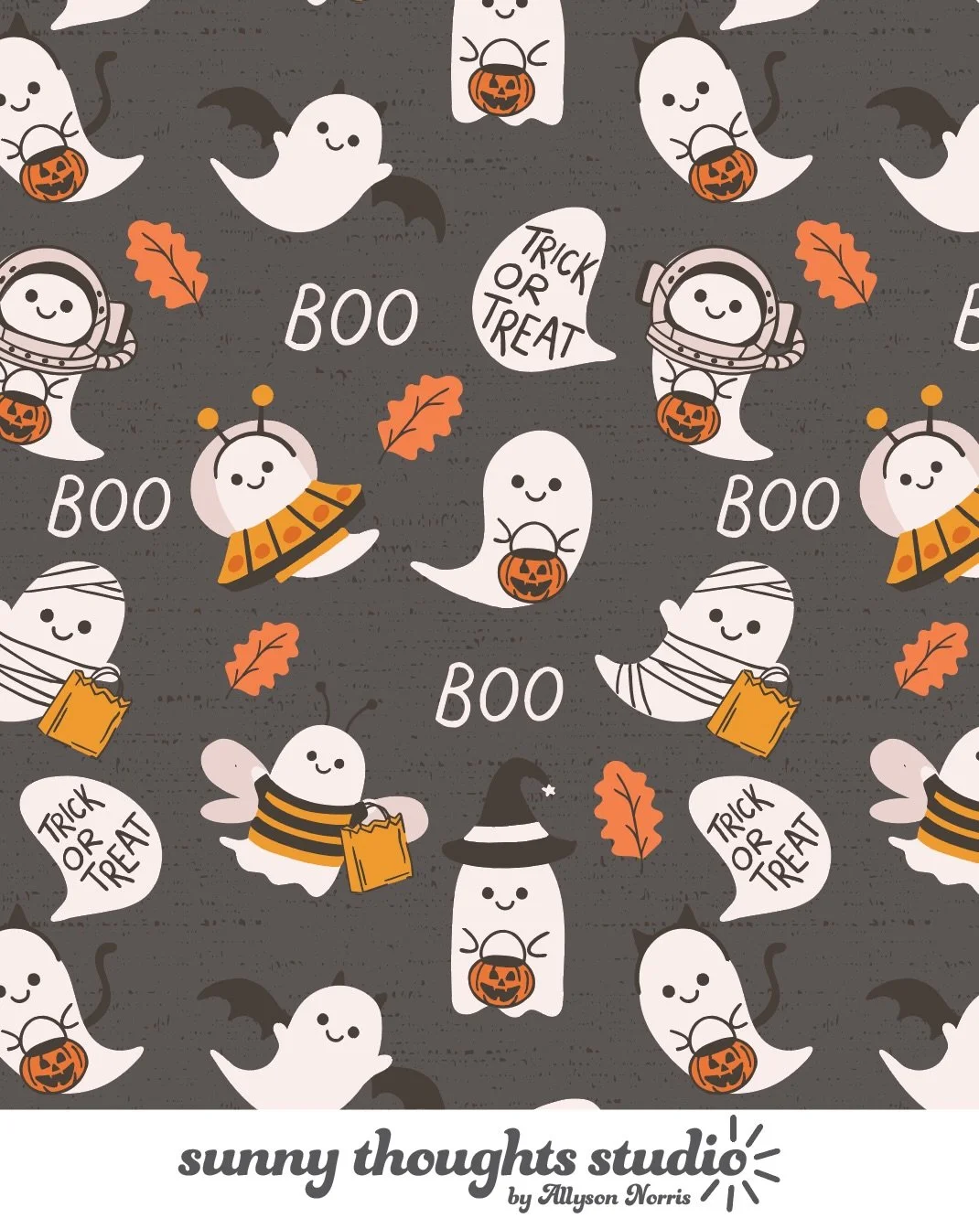 These cute little ghosts are dressed up and ready to boo-gie! ✨ I heard #summerween was trending, and just had to share one of my favorite holiday patterns! 🧡🖤

#artlicensing #halloweenart #halloweenartwork #spookycute