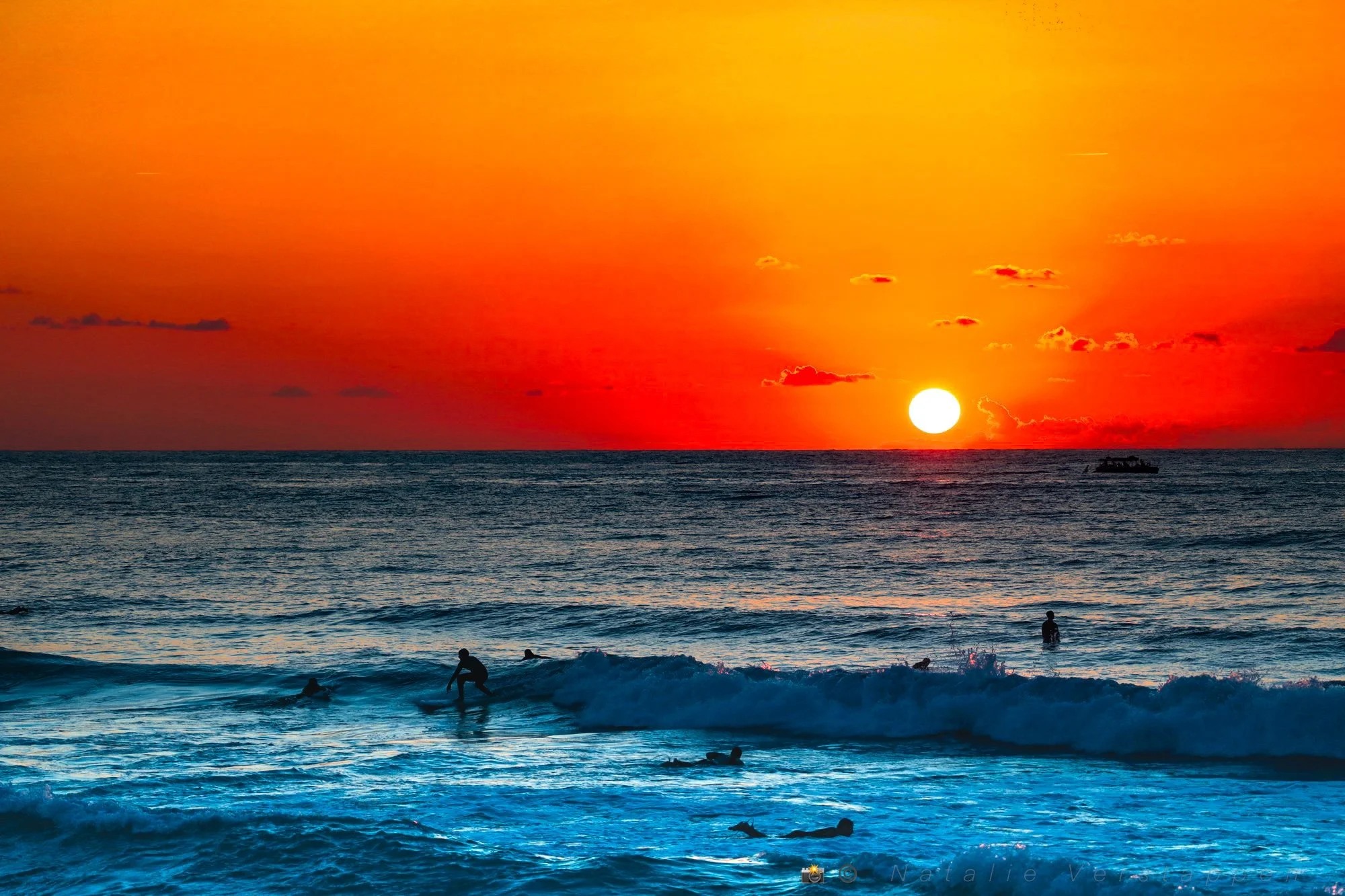 Surfer riding the wave in sunset covered ocean
