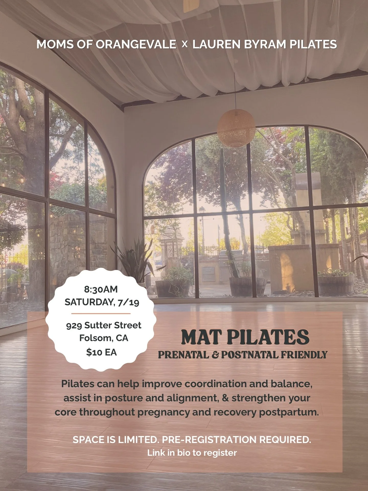 🤰🏻✨Pre &amp; Postnatal Pilates co-hosted by the Moms of Orangevale group, all local moms welcome to join 👩🏻&zwj;🍼

Hi Mamas! Join us for an exclusive private pre &amp; postnatal friendly Pilates mat class. 

Whether you&rsquo;re currently pregna