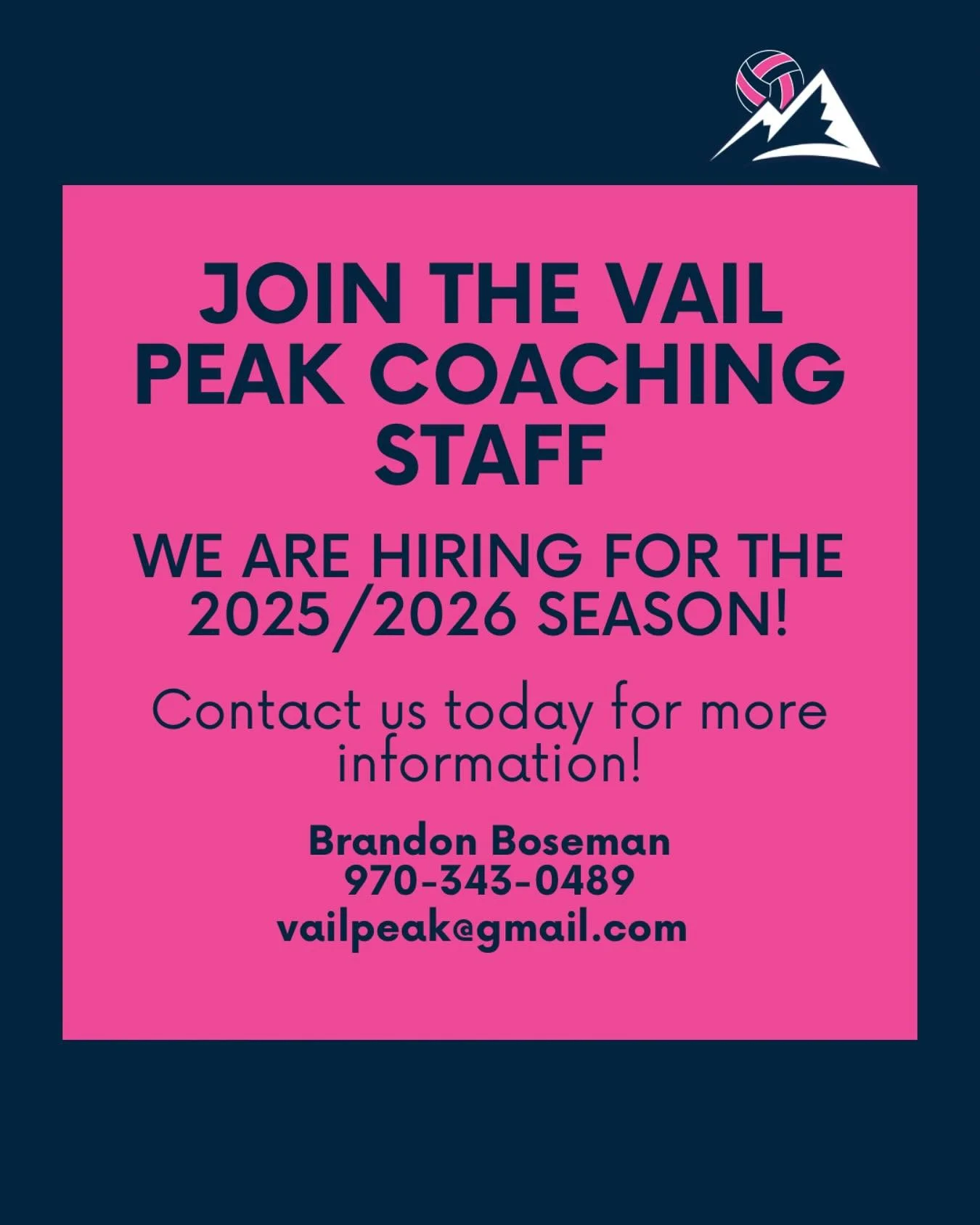 Vail Peak Volleyball Club is Hiring! 🏐

We&rsquo;re looking for passionate and motivated coaches to join our team for the 2025/2026 season!

🏐 Multiple coaching positions available
🏐 Competitive Pay
🏐 Assistant coach opportunities with no travel 
