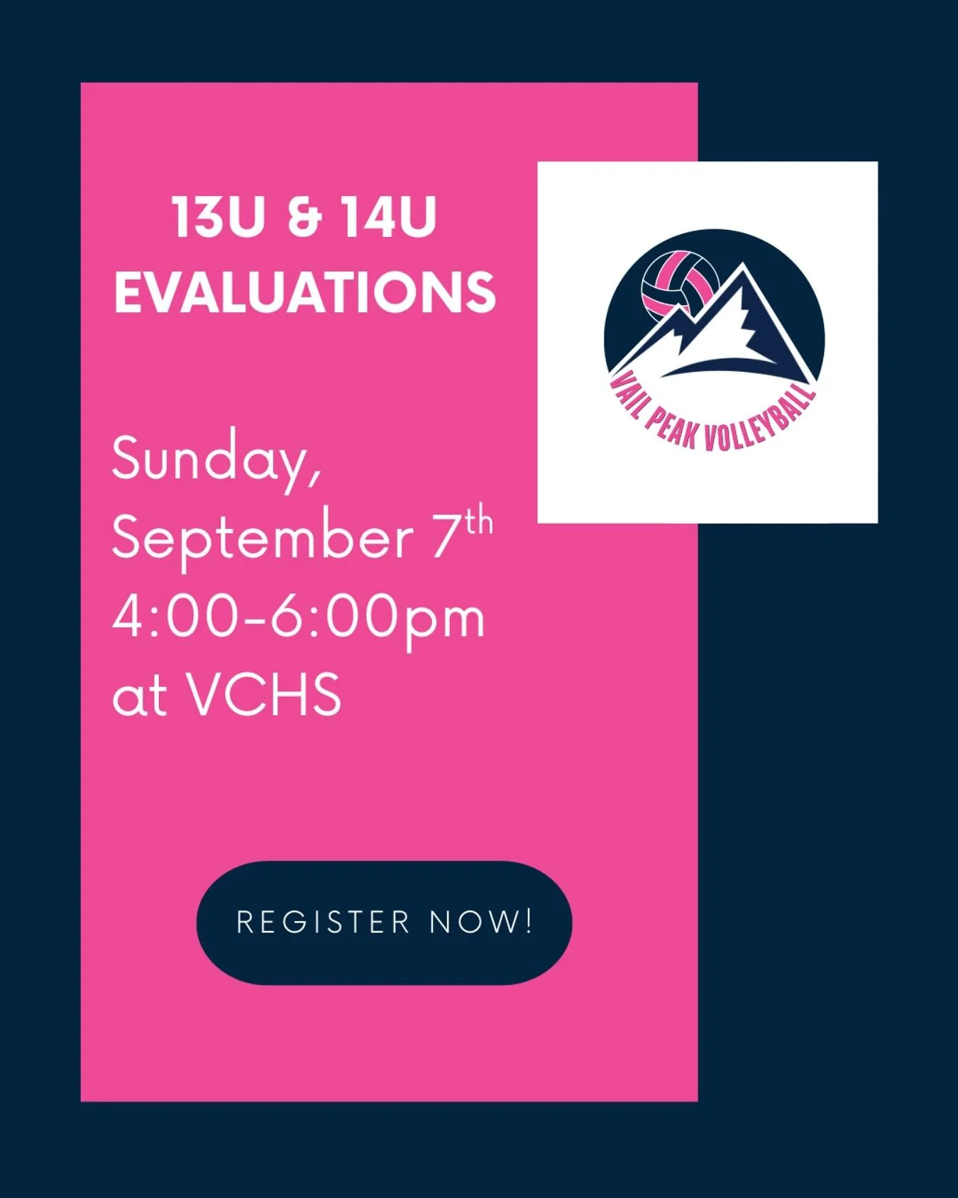Registration is now OPEN for 13U &amp; 14U Evaluations! 

We are looking forward to the season ahead and can&rsquo;t wait to build our teams. Join us at the open gyms for a chance for your athlete to join Vail Peak!
 
Registration links are in our bi